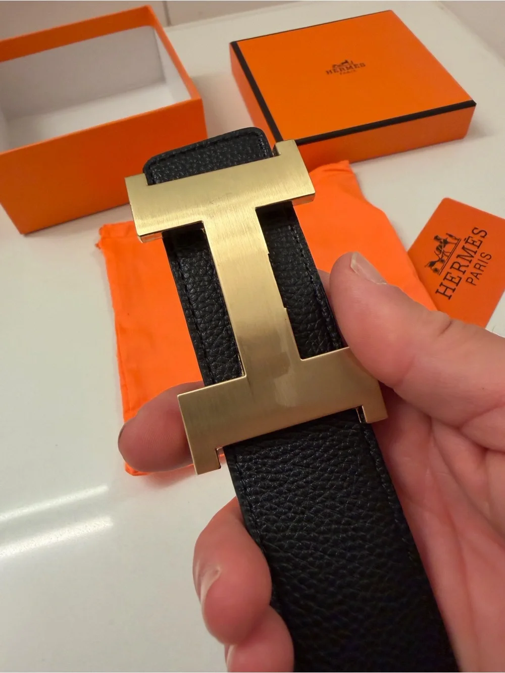 Hermès Black Leather H Buckle Belt Gold Hardware w/ Box